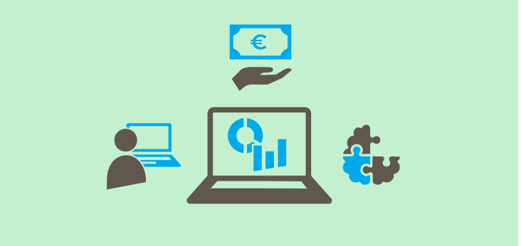 iconen van laptop, geld, data en effectiviteit 