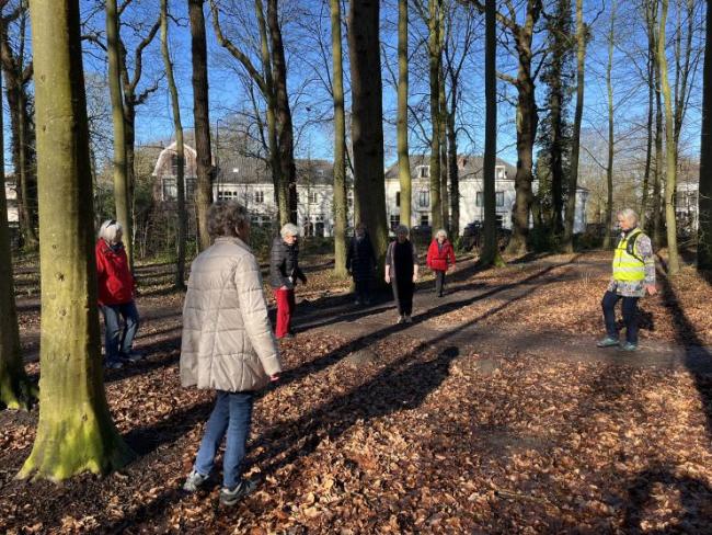 Senioren die valpreventie training krijgen